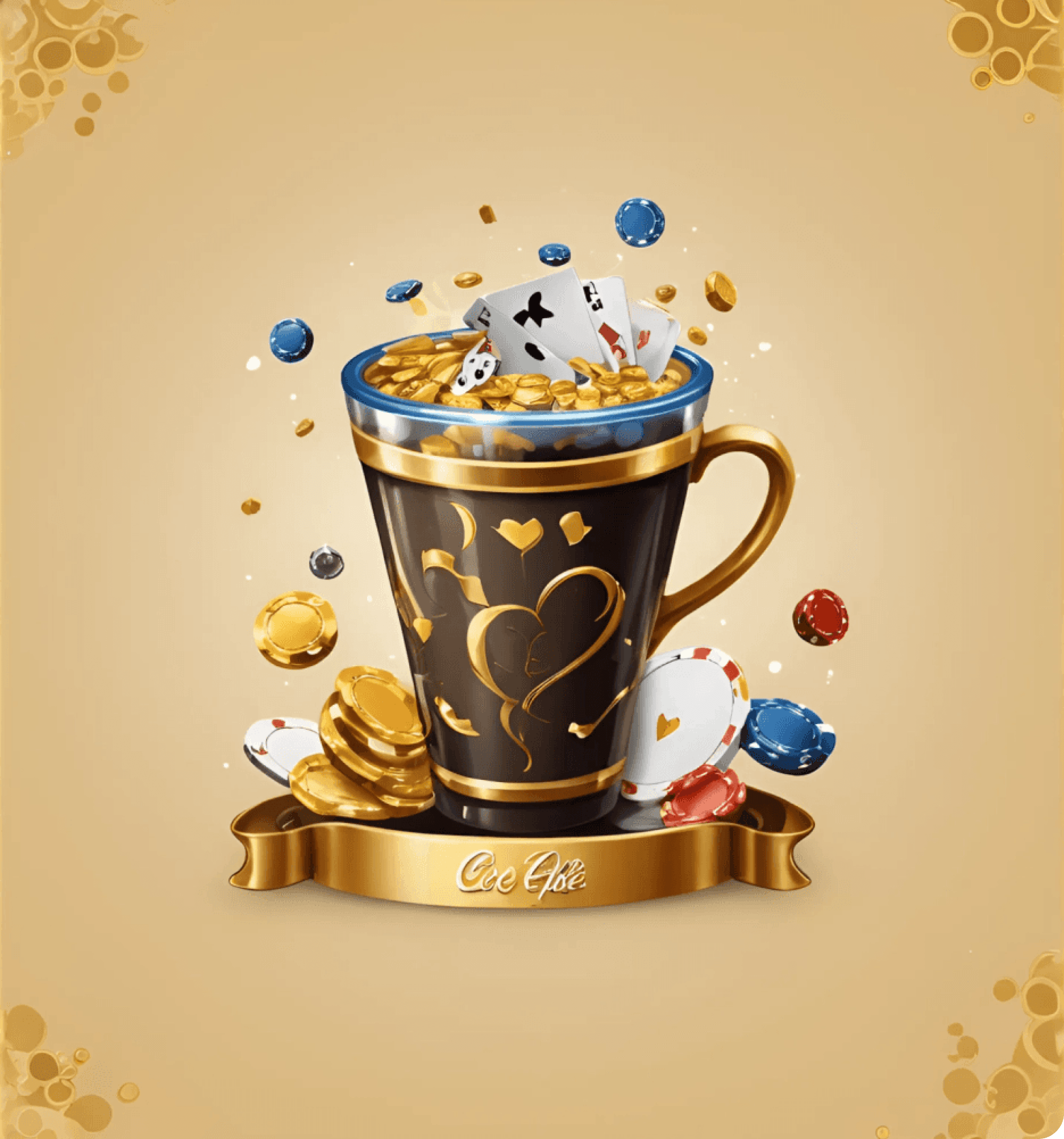 Gaming cafe promotional image with coffee cup and gaming elements